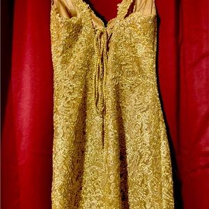 Sherri Hill Dress 55241 Metallic lace cocktail with V-neck bodice lace up back